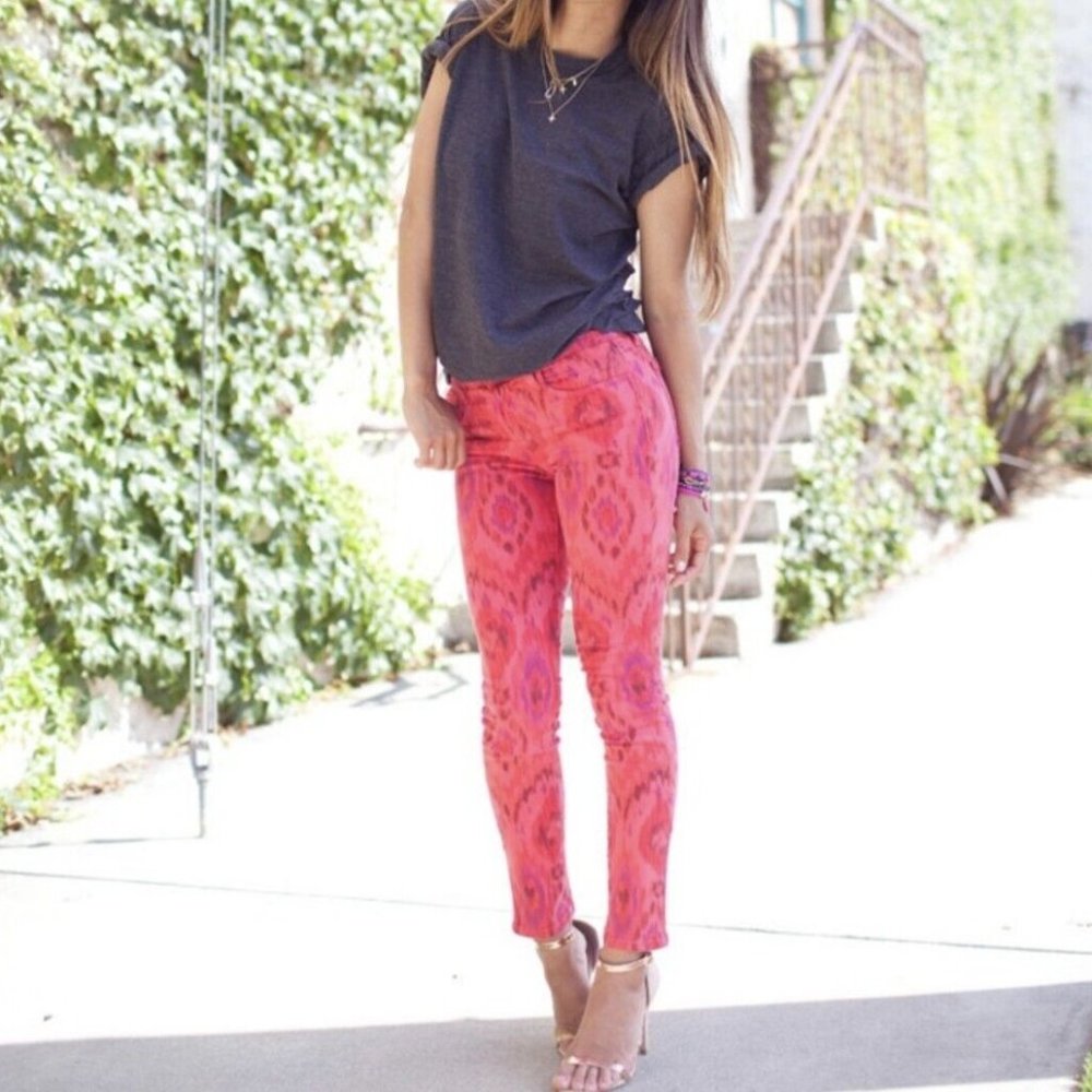 Joe's Jeans Pink Skinny Jeans The High Water Geranium Pattern Ikat Stretch Denim